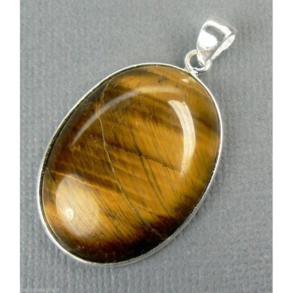 Tiger's Eye OVAL Solitaire Sterling SILVER Pendant - Picture 2 of 2